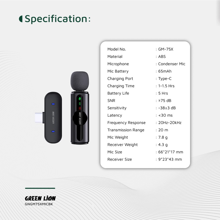 میکروفون یقه ای بی سیم تک کاربره گرین لاین Green Lion GM-75X Microphone 3-Level Noise Cancellation