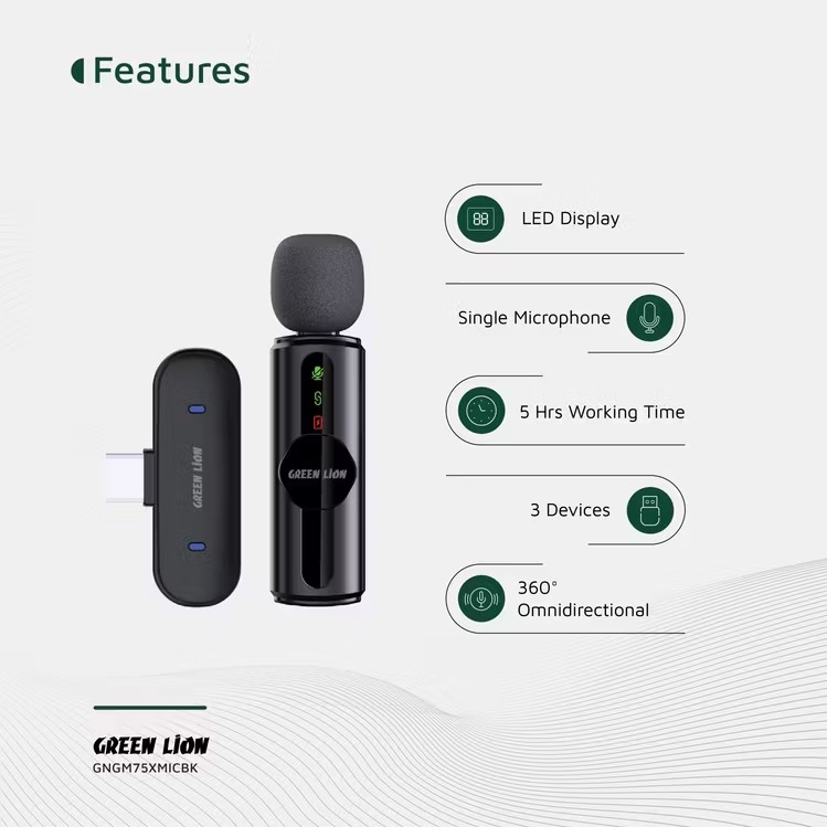 میکروفون یقه ای بی سیم تک کاربره گرین لاین Green Lion GM-75X Microphone 3-Level Noise Cancellation
