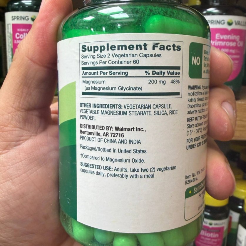 کپسول گیاهی منیزیم جذب بالا (گلیسینات و اکساید) 200 میلیگرم اسپرینگ ولی 60 عددی Spring Valley Magnesium 200mg 60 Veg...جدید