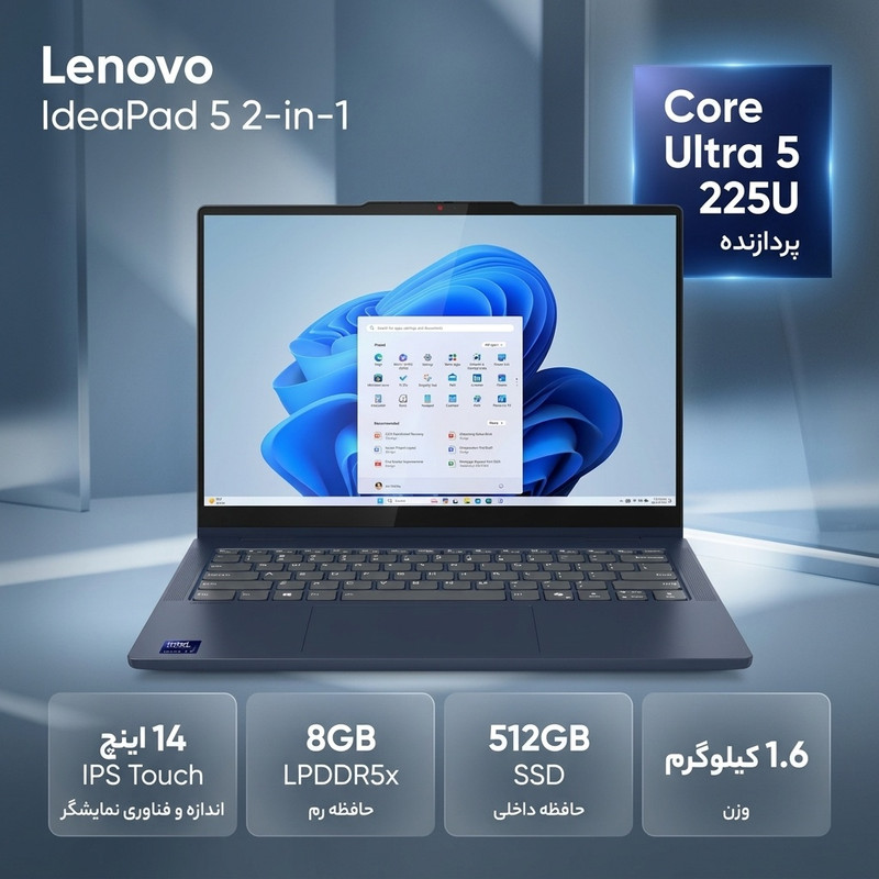 لپتاپ 14 اینچی لنوو مدل IdeaPad 5 2-in-1 14IAL10، با پردازنده Core Ultra 5-225U، حافظه رم 8 گیگابایت LPDDR5X و حافظه داجدید