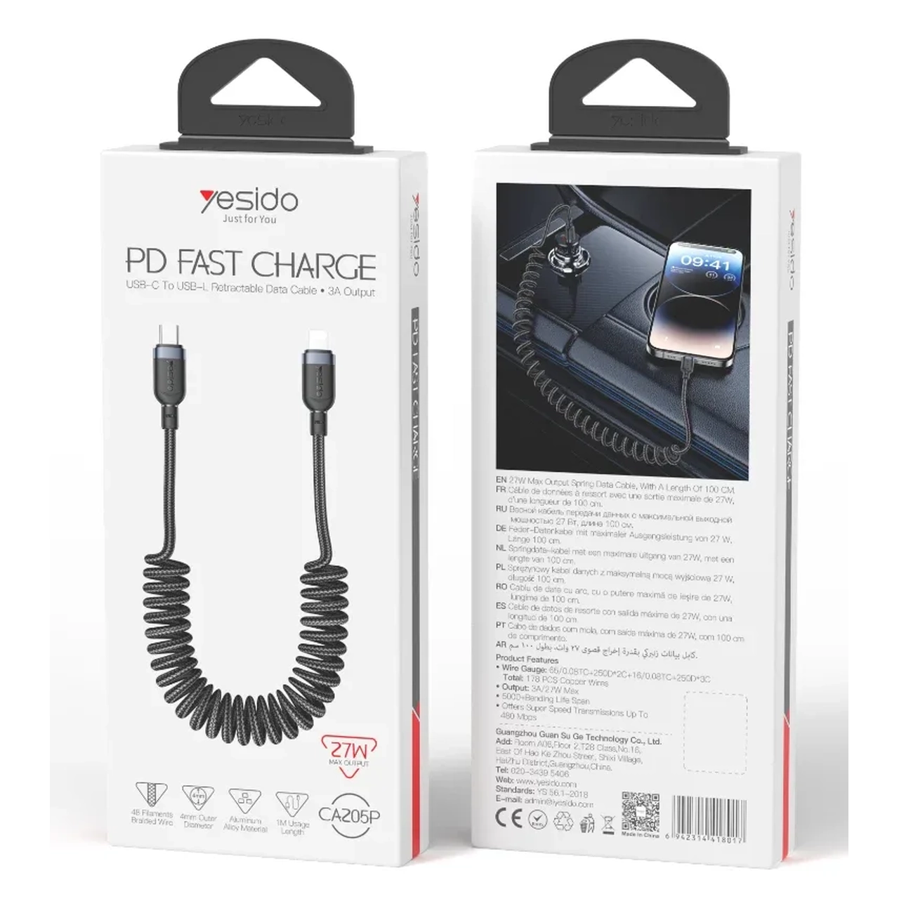 کابل شارژ PD و فست Yesido Type-C To Lightning مدل CA205P 27W - مشکی (گارانتی شش ماه تعویض نیکان همراه)جدید