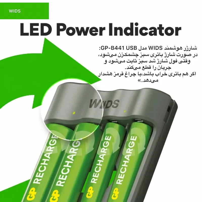شارژر باتری ویدز مدل GP-B441 به همراه 4 عدد باتری قلمی و نیم قلمیجدید