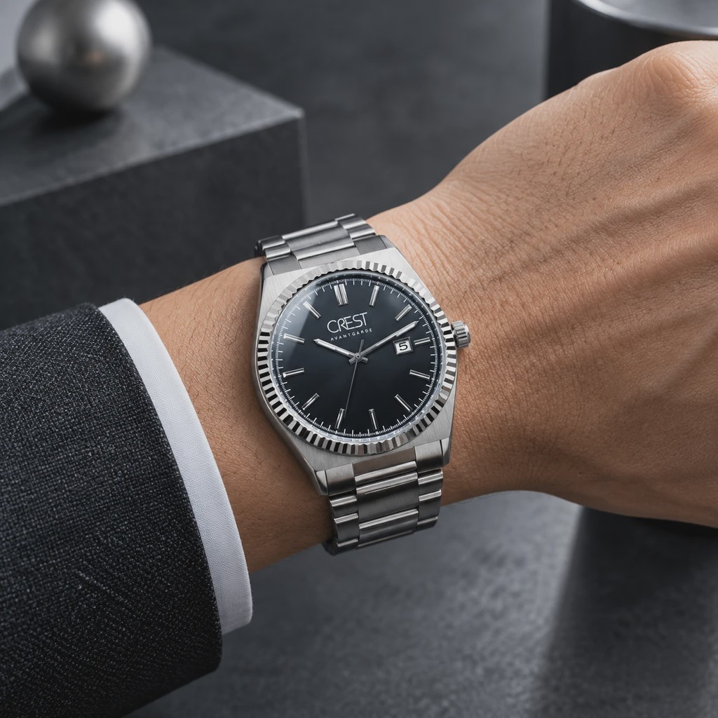 ساعت مچی مردانه کرست مدل فلوتد آوانگارد تمام استیل صفحه مشکی تاریخ دار Crest Avantgarde Black Dial Watch