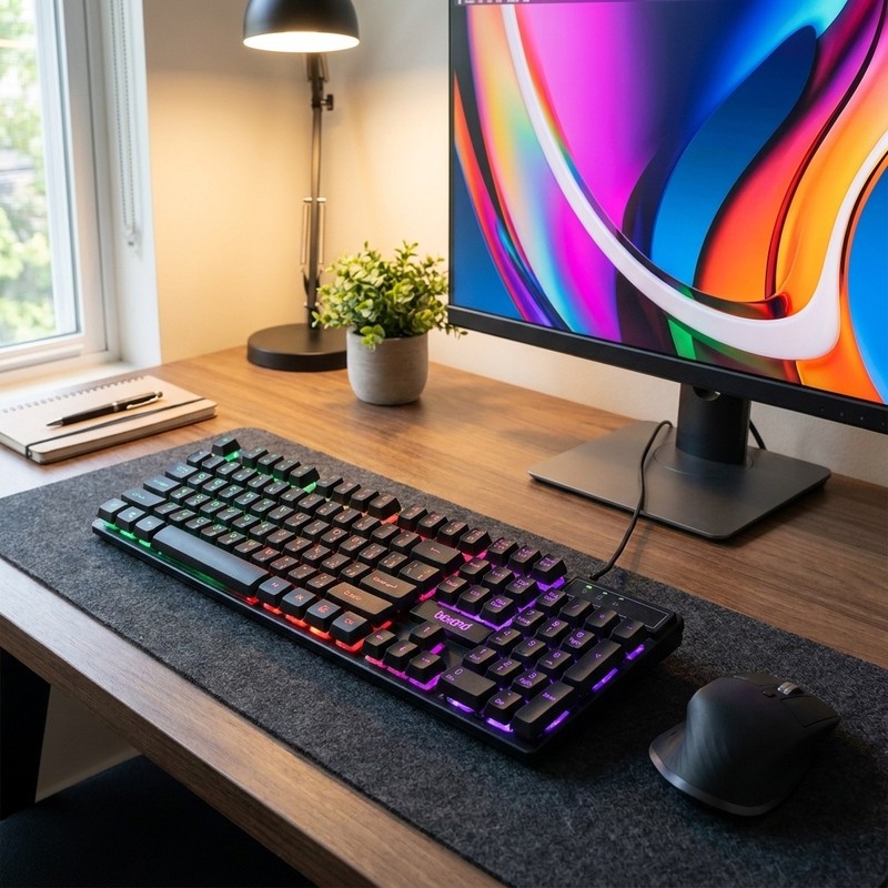 کیبورد بیاند مدل BK-7120 RGB، سوئیچ ممبران، Full-Size، نورپردازی LED RGBجدید