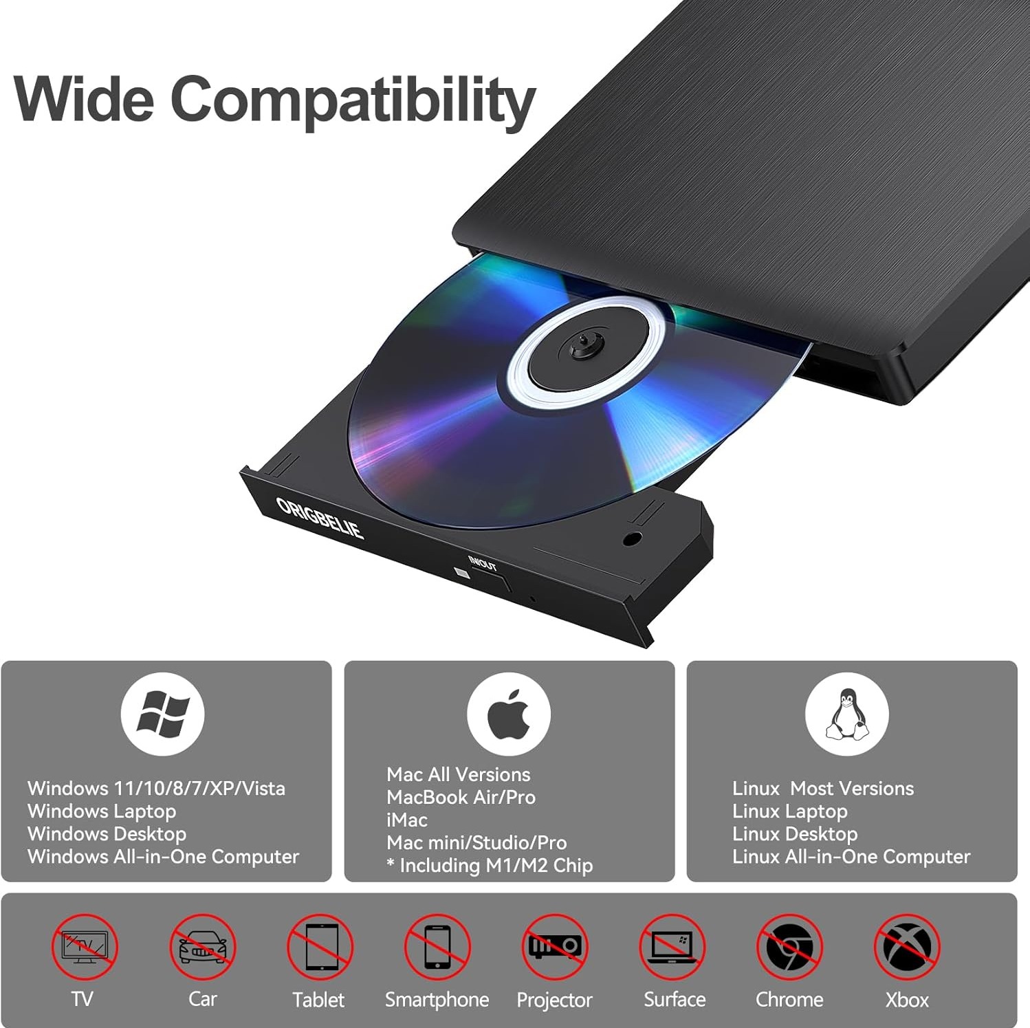 رایتر اکسترنال CD/DVD ORIGBELIE BT524 USB 3.0، USB-C
