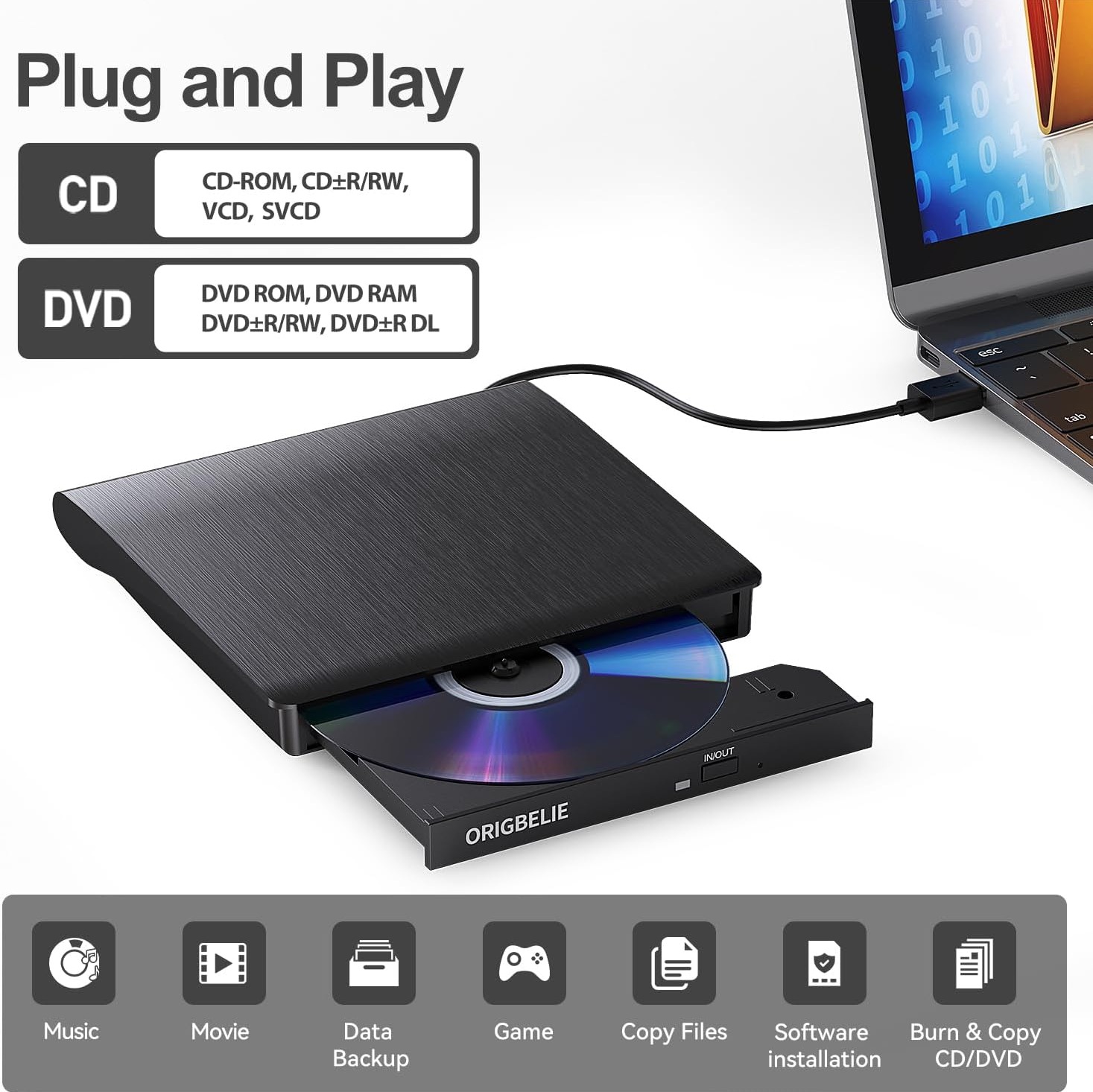رایتر اکسترنال CD/DVD ORIGBELIE BT524 USB 3.0، USB-C