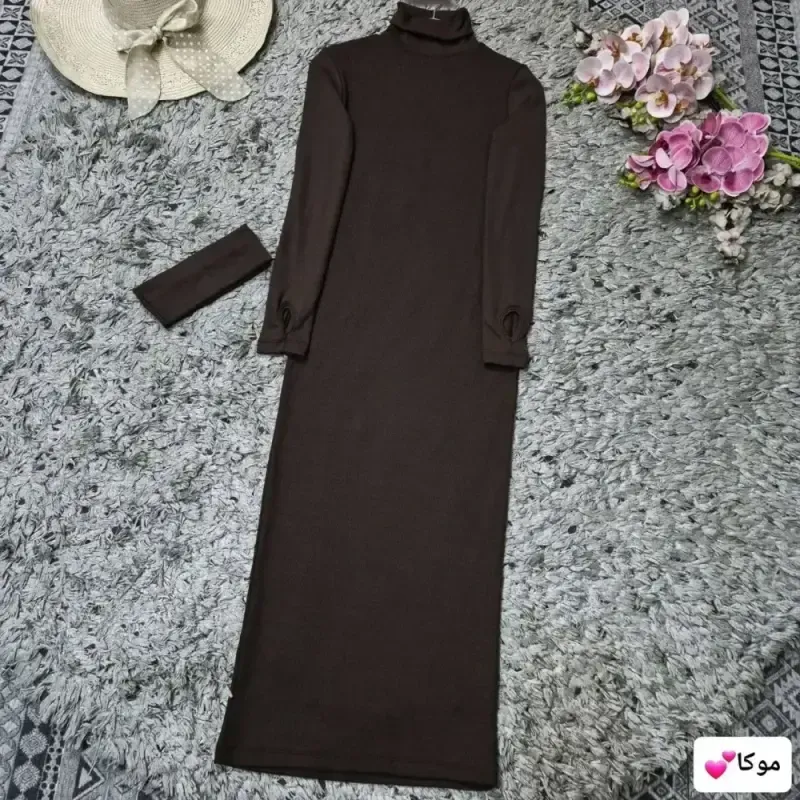 ماکسی یقه اسکی و هدبند آستین فینگردار جنس فانریپ کشی رنگ موکا مشکی سایز 38 تا 48