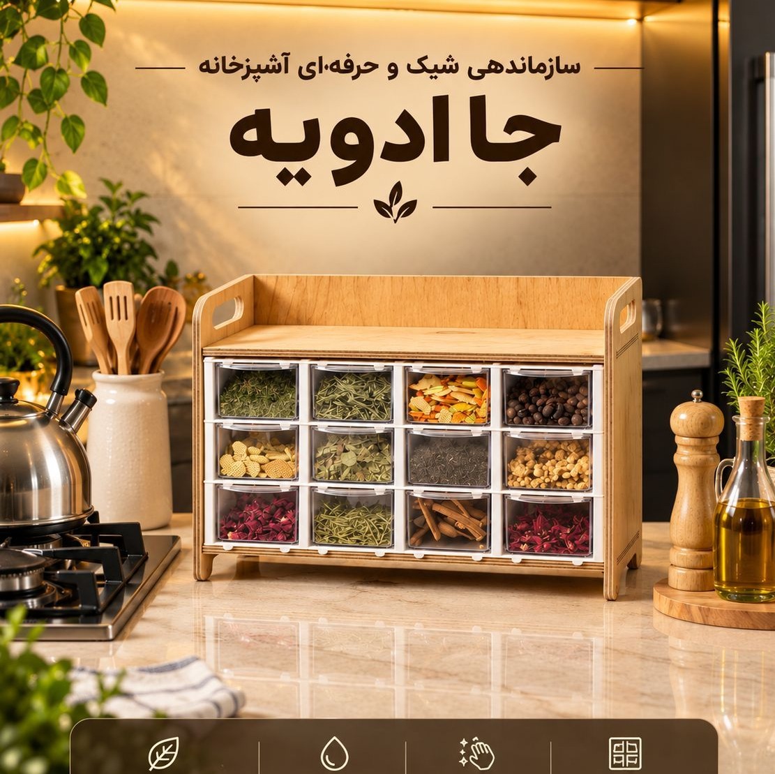 حراج جا ادویه 12خانه کشویی مدل چوبی شیک وزیبا مناسب ادویه جات 