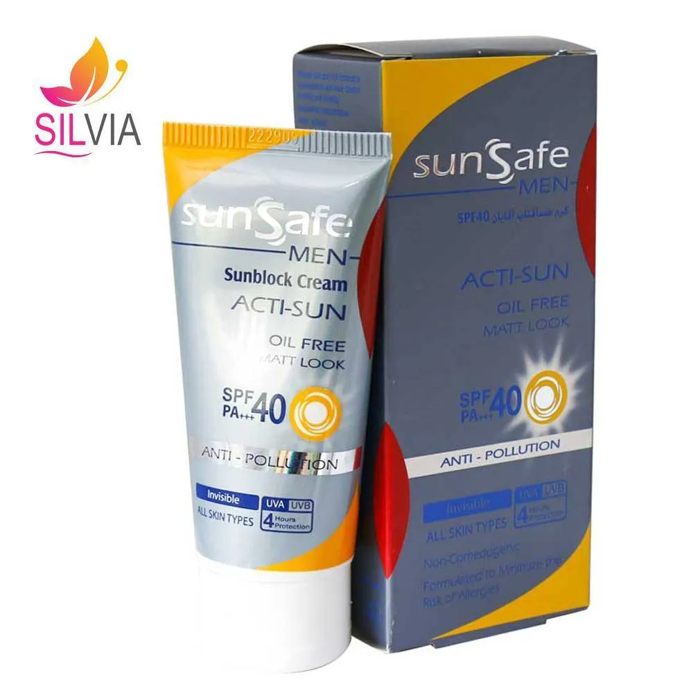 کرم ضد آفتاب فاقد چربی آقایان بی رنگ SPF40 سان سیف 50 میل