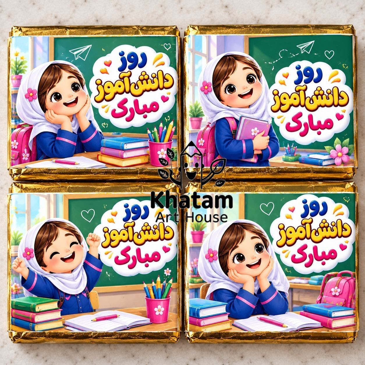 شکلات تصویر دار یادبود جشن روز دانش آموز دخترانه کاکائو تصویردار حداقل سفارش 12عدد