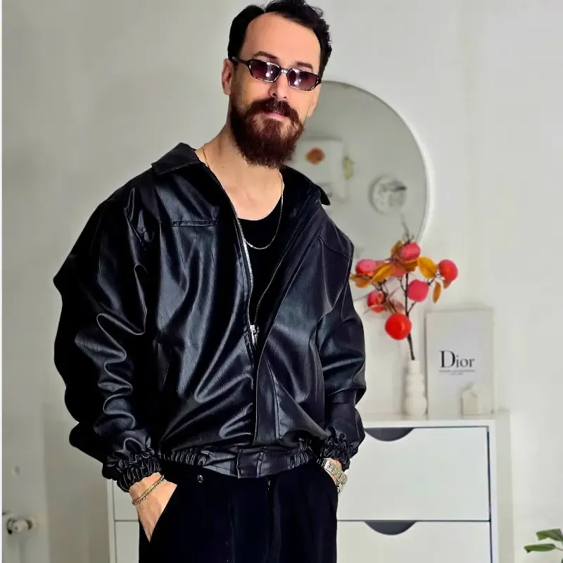 جکت چرم مردانه پایین کش وارداتی رنگ مشکی سایز L تا 2XL
