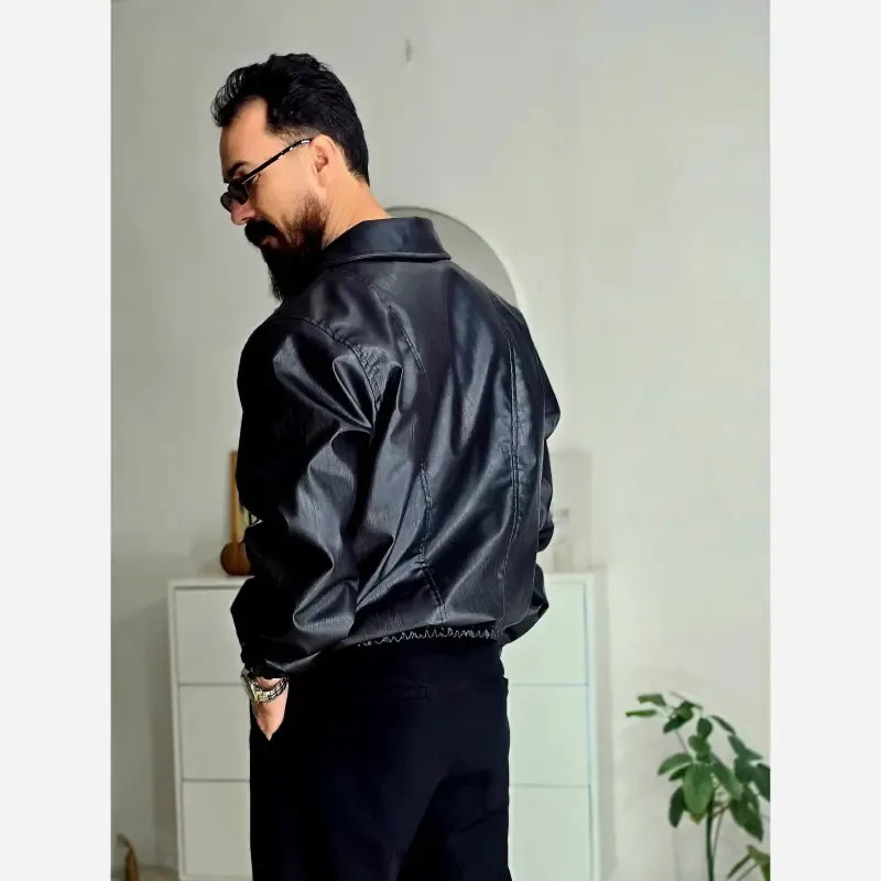 جکت چرم مردانه پایین کش وارداتی رنگ مشکی سایز L تا 2XL