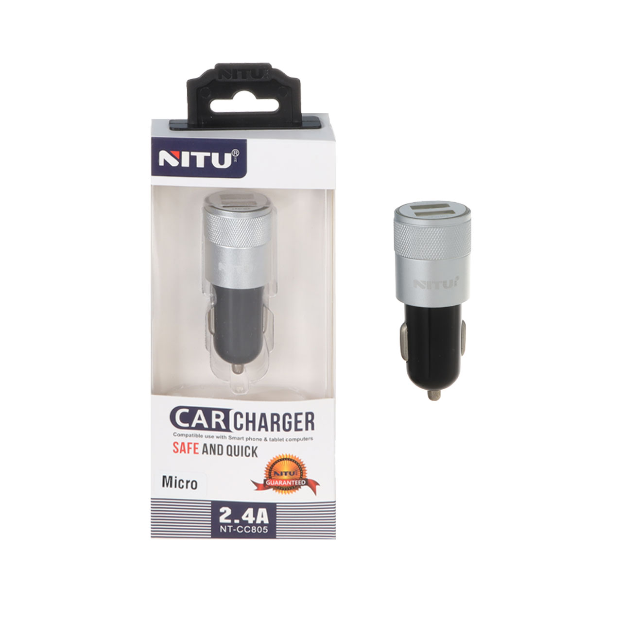 شارژر فندکی فست دو پورت NITU مدل CC805 به همراه کابل شارژ اندروید - مشکی نقره ای (گارانتی 18 ماه تعویض نیکان همراه)