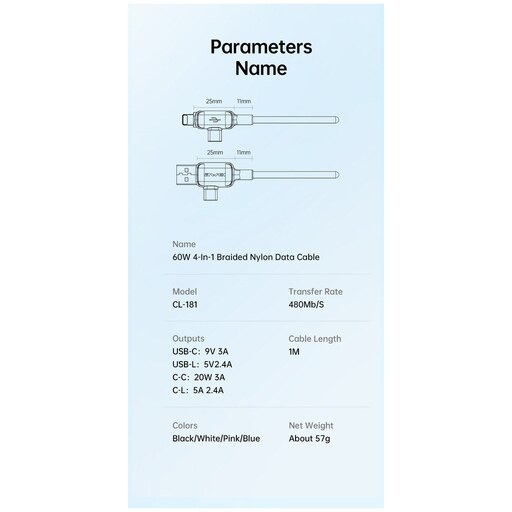 کابل تبدیل USB C - USB به USB C - لایتنینگ اوی مدل CL-181 60W طول 1 متر