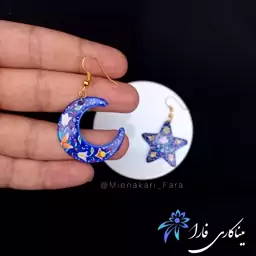 گوشواره ماه و ستاره میناکاری روی مس