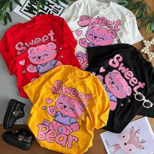 تیشرت دخترانه خرسی طرح SWEET BEAR - مشکی, 55