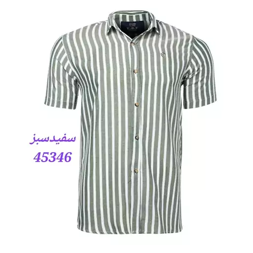 پیراهن اسپرت کنفی مردانه آستین کوتاه راه راه  رنگ سفید سبز 45346 سایز L، XL، XXL، XXXL یقه برگردان نحوه بسته شدن دکمه-ای