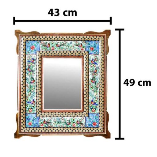 قاب آینه صلیبی طرح گل و مرغ آبی و سبز خاتم کاری(سایز:16×22)