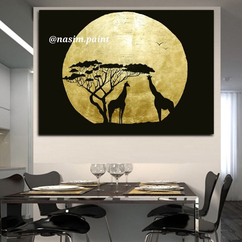 تابلو نقاشی ورق طلا طرح زرافه و ماه