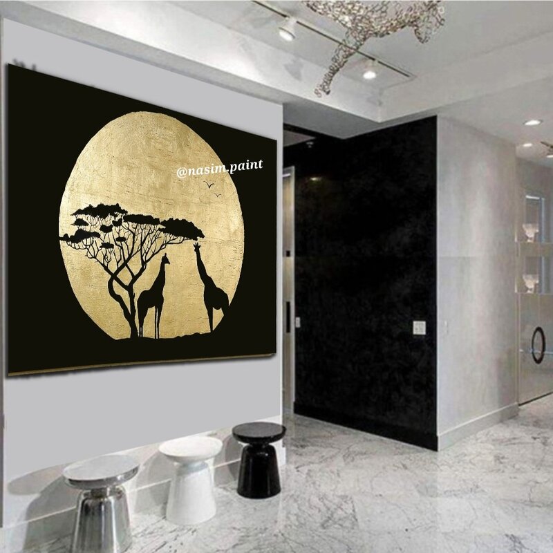 تابلو نقاشی ورق طلا طرح زرافه و ماه