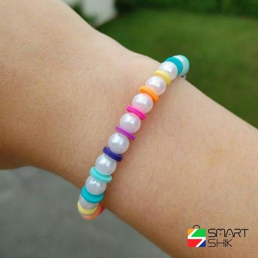 دستبند رنگی دخترانه ساخته شده از مروارید سنگی و مهره فیمویی