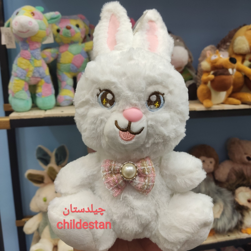 عروسک پولیشی خرگوش پاپیون دار رنگ سفید سایز 25 سانت