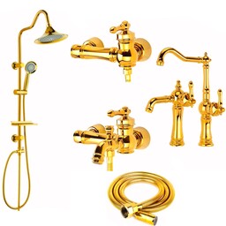 ست شیرالات رز مدل تینا نایت مجموعه 6 عددی رنگ طلایی به همراه علم دوش دوکاره شیپوری و شلنگ توالت 
