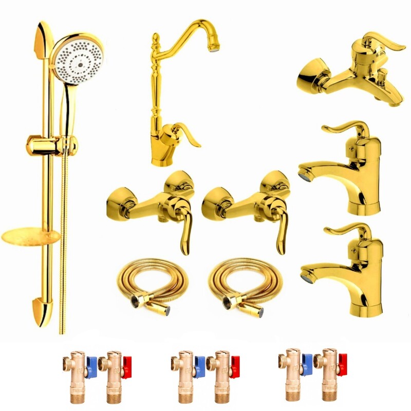 ست شیرالات رز مدل بیزانس مکس مجموعه 15 عددی طلایی به همراه علم دوش حمام و شلنگ توالت و شیر های پیسوار 