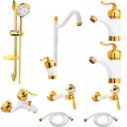 ست شیرآلات رز مدل بیزانس نایت مجموعه 9 عددی سفید طلایی به همراه علم دوش حمام و شلنگ سرویس بهداشتی 