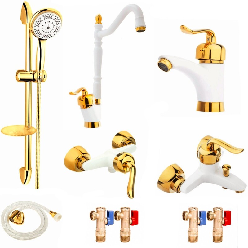 ست شیرالات رز مدل بیزانسی مجموعه 10 عددی سفید طلایی به همراه علم دوش حمام و شلنگ سرویس بهداشتی و شیرهای پیسوار 