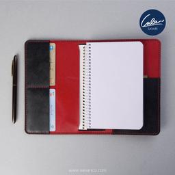 نوت بوک چرم طبیعی مشکی - قرمز به همراه دفترچه یادداشت فنری با برند سواری SAVARI
