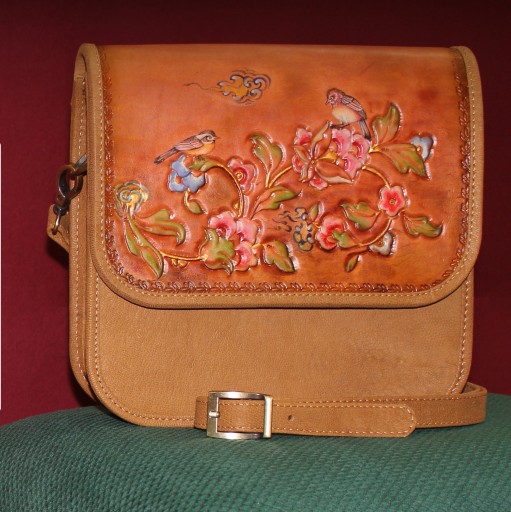 کیف چرم طبیعی دست ساز طرح باغ پرنده