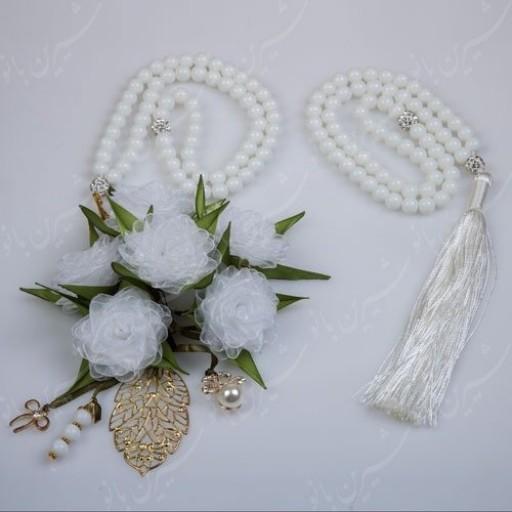 تسبیح گل دار فانتزی سفید (6 گل، سنگ انیکس)