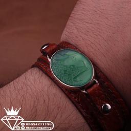 دستبند عقیق سبز نقش یا حیدر چرم گاوی طبیعی 