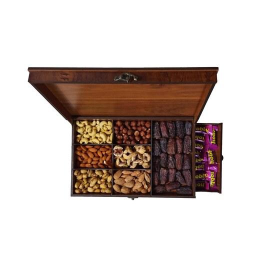جعبه چوبی پذیرایی تی بگ مستطیلی - جعبه دمنوش آجیل و شکلات دارای درب چوبی در بغل
