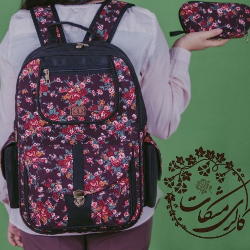 کوله پشتی گل گلی مدل یاس همراه با ست کیف آرایش (طرح 12) -گالری مشکات در باسلام