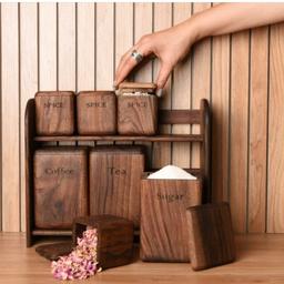 جا ادویه چوبی دست ساز 4 عدد باکس کوچک  3عدد باکس بزرگ و استند ساخته شده از چوب طبیعی گردو