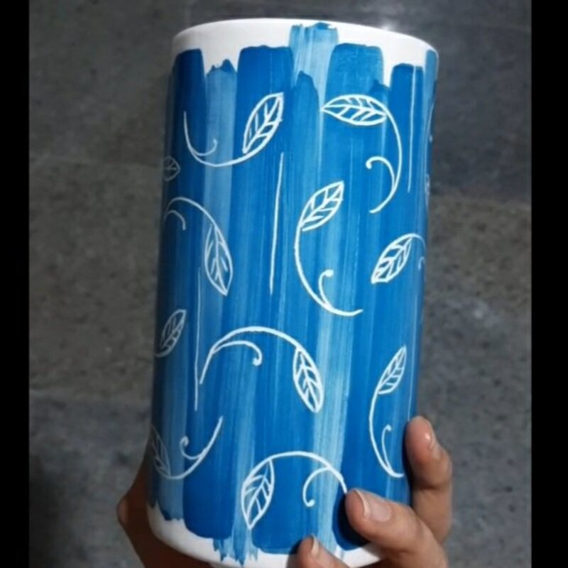 گلدان استوانه ای سرامیکی نقاشی زیرلعابی دستساز یک عدد