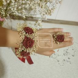 دستبند و انگشتر گل رز حنا و گل خشک 