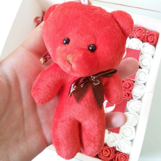 پک کادویی جعبه هدیه شکلات و خرس عروسکی و شیشه آرزو قرمز