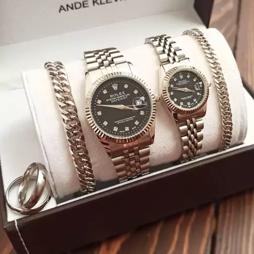 ست ساعت زنانه و مردانه رولکس Rolex نقره ای با دستنبد و گردنبند 