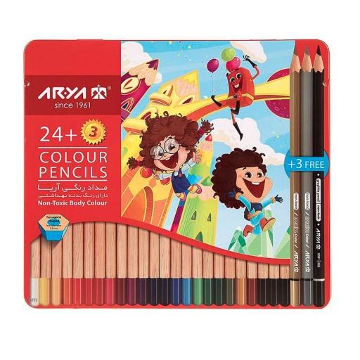 مداد رنگی 24 رنگ آریا arya - جعبه فلزی - تخت