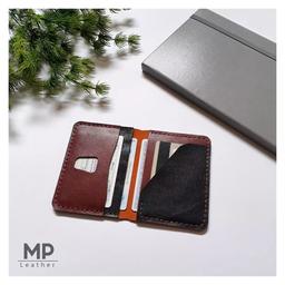 کیف کارت و پول تاشده با ترکیب دو رنگ عسلی و مشکی چرم اصل دستدوز