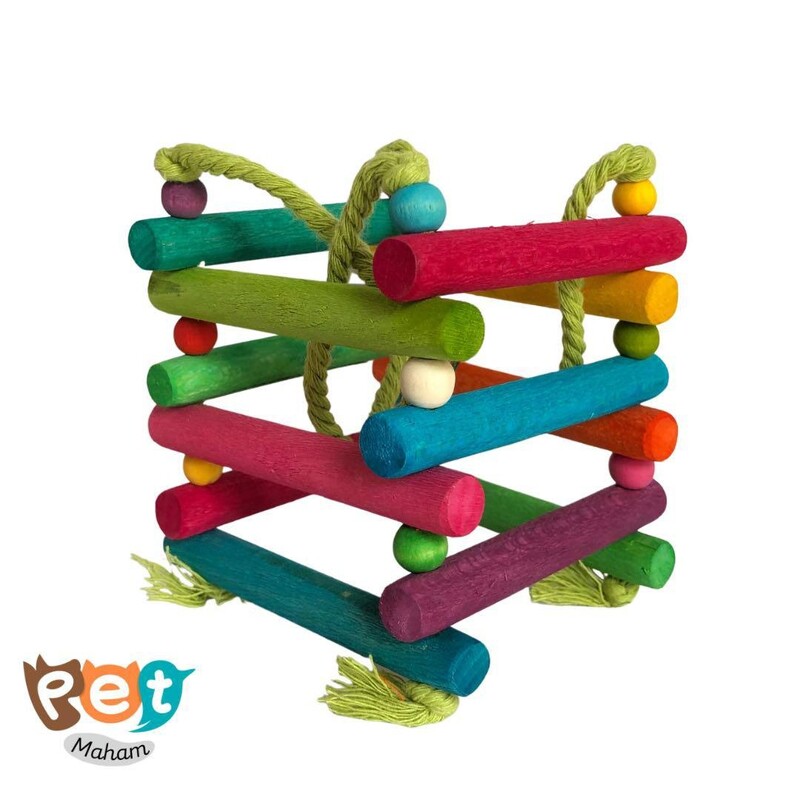 اسباب بازی پرنده مدل مکعبی ریسه ایی با رنگ خوراکی اسباب بازی چوبی با چوب صیقل خورده مناسب همه پرندگان سایز 1
