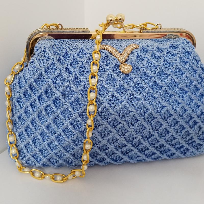 کیف مجلسی دستی دستبافت مکرومه لوزی برجسته آبی زنانه