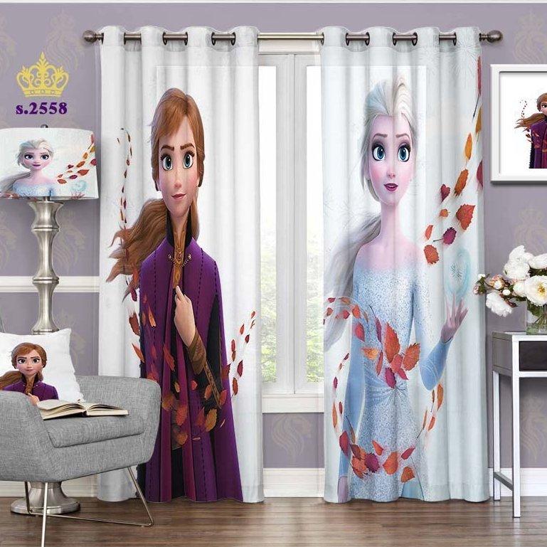 پرده اتاق خواب کودک دخترانه دو قواره پانچ طرح کارتونی آلسا و آنا کد S2558