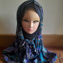 روسری حریر ژرژت نقابدار همراه با حجاب کامل سرو گردن رنگ با تم آبی