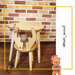 میز و صندلی کودک تاتی طرح گوزن، تمام چوب طبیعی، مناسب 2 تا 6 سال