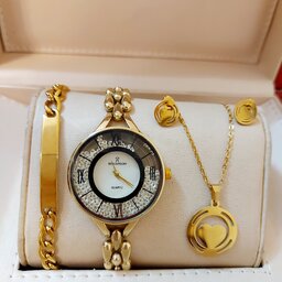 ساعت  زنانه برند رومانسون  همراه با دستبند رنگ ثابت طرح طلا و دستبند کارتیر با رنگ ثابت 