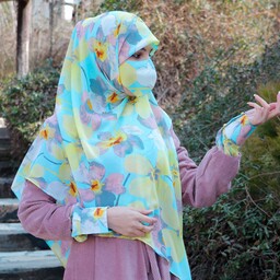 روسری حریر سفارشی  چند رنگ آبی و سبز مزون حجاب تبسم قواره دار  همراه با هدیه